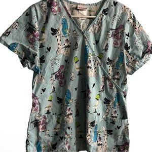 ScrubStar Doggy Salon Print Light Blue Scrub Top Size L